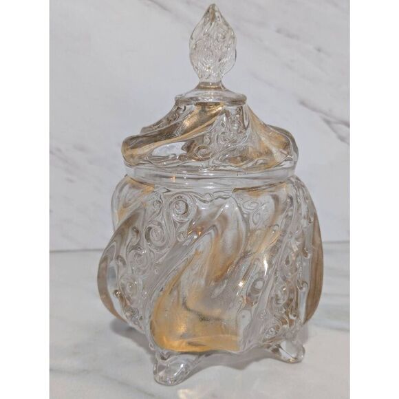 Fostoria Glass Candy Dish Wedding Bells Pattern In Clear Glass Gold Trim - Picture 1 of 10